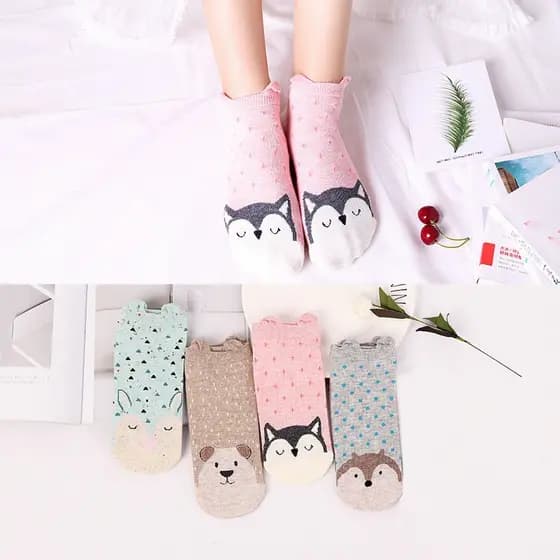 Kit12 Par de Meias Femininas Confortáveis ​​de Algodão com Animais e Orelhas Fofos, Tamanhos 35-40