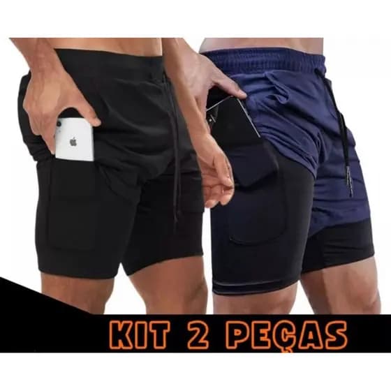 Kit 2 Short Academia DryFit Short 2 em 1 Bermuda Academia Masculino Treino Elastano Musculação