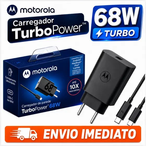 Carregador Motorola Original TurboPower 68W USB-C Rápido + Cabo Tipo C de alta potência, com 1 metro