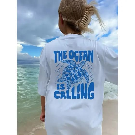 Camiseta Unissex the ocean is calling Praia Verão Ajude as Tartarugas Puro Algodão Tecido Resistente
