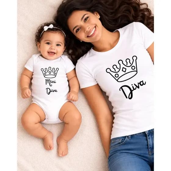 Kit Mãe e Filha Branco Dia Das Mães Diva E Mini Diva 100% Algodão Presente Tal Mãe Tal Filha