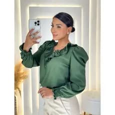 BML1: BLUSA SOCIAL FEMENINA EVANGÉLICA BABADO, MANGA LONGA, PRINCESA COM DETALHES DE BOTÃO