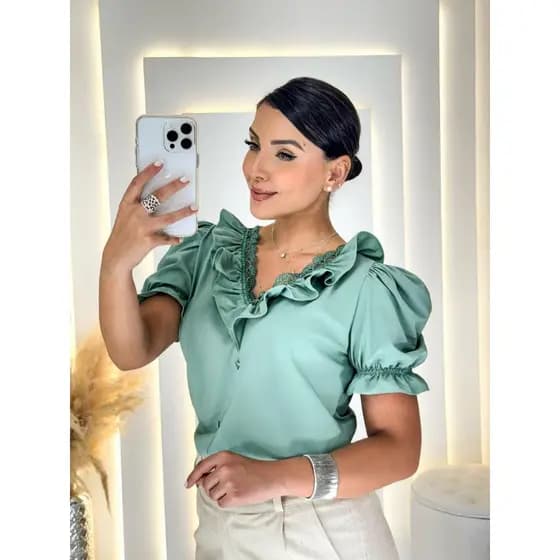 Blusa social femenina evangélica manga curta com babado