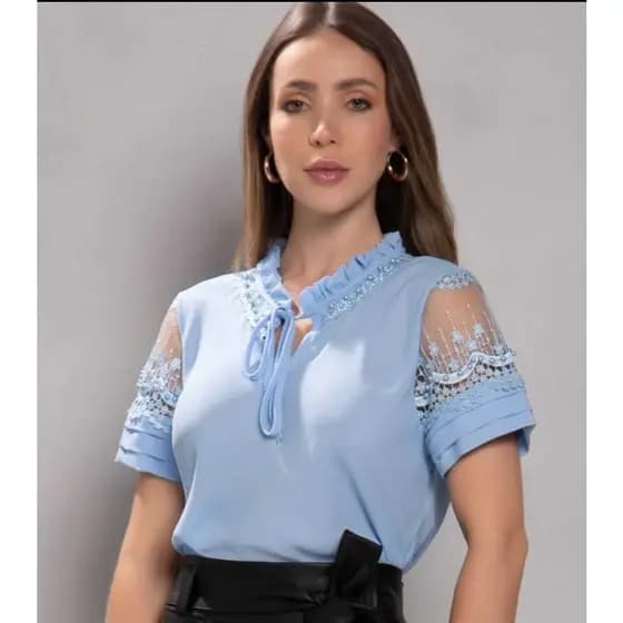 BLUSA SOCIAL EVANGELICA MANGA CORTA COM RENDA E GOLA FRUNCIDO COM RENDA E LAÇO FINO