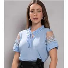 BLUSA SOCIAL EVANGELICA MANGA CORTA COM RENDA E GOLA FRUNCIDO COM RENDA E LAÇO FINO