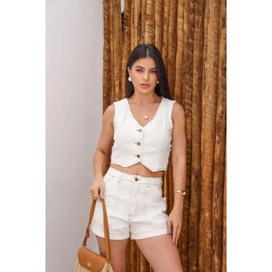 Shorts jeans Mon femenino  ,cintura alta,short basico com bolso social