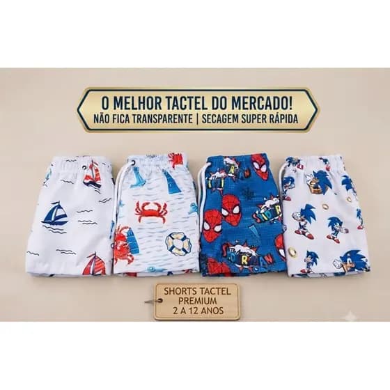 Kit 04 Shorts Tactel Sortidos Estampas Variadas Shorts Tactel Infantil Juvenil 1 a 12 Anos Estampadas  Praia Piscina.
