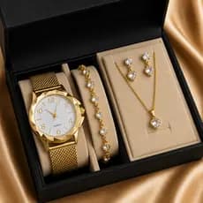Relógio Feminino Vip Luxo Kit Colar Brincos + Pulseira Folheado Ouro Presente