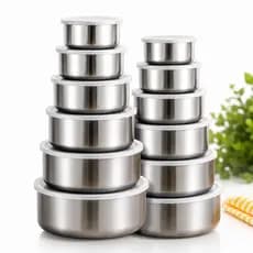 Kit 10 Potes Tigelas Bowl em Inox Alumínio Com Tampa Redondo Jogo De Armazenamento de Alimentos