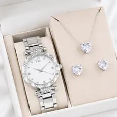 Relógio Feminino Aço Inoxidavel Luxo Kit Colar Pingente Brincos Pingo de Luz Folheado