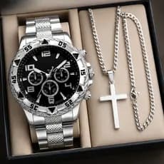 Kit Relógio Masculino Aço Inox Resistente a Água Com Corrente Cruz e Pulseira Presente Dia Dos Pais