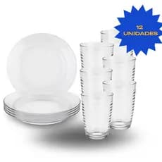 Kit De Prato Fundo 22cm e 6 Copos de Vidro Arizona Transparente Grosso Jogo De 12 Unidades
