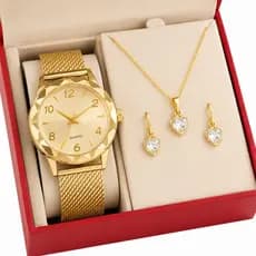 Relógio Feminino + Colar Pingente Brincos Folheado Pingo de Luz