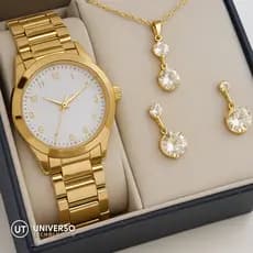 Kit Relógio Feminino Folheado Dourado Com Colar e Brinco 18k