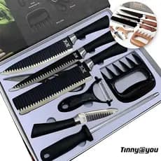 Kit de Facas para Churrasco e Cozinha: 8 Peças em Aço Inoxidável com Garra e Amolador Enviado Cor Aleatória Preto Ou Mar