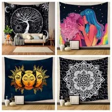 Tapeçaria de Parede em Tecido com Estampa de Céu Estrelado e Sol-Lua, Estilo Artístico Misterioso, para Decoração de Qua