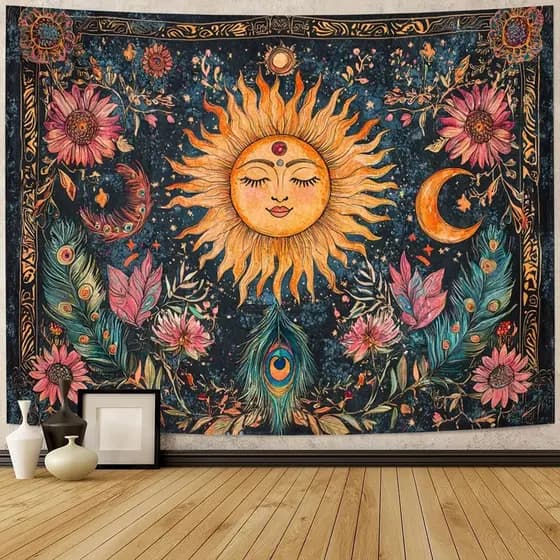 Tapeçaria vintage de estilo boêmio com sol e lua, tapeçaria divertida com fantasia floral de pavão, grande tapeçaria de