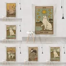 Tapeçaria de Gato em Tamanho Grande, Arte de Parede Estética, Tecido Decorativo para Sala de Estar