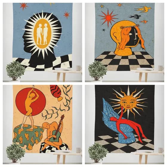 Tapeçaria estética de pintura hippie, decoração de parede, tecido para pendurar na sala de estar, quarto, decoração de p
