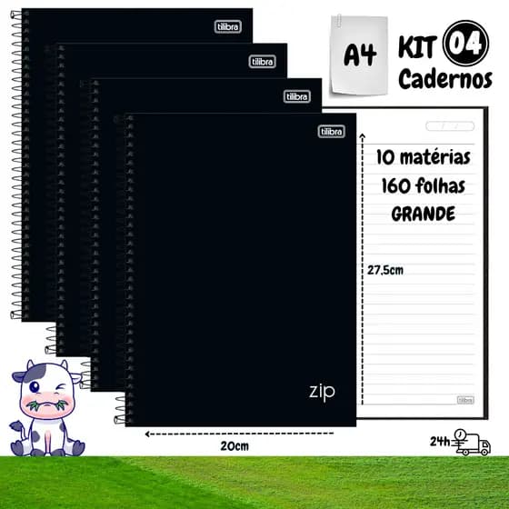 KIT 4 Cadernos Grandes 10 Matérias Universitários A4 160 Folhas Preto Espiral Capa Dura ZIP Tilibra