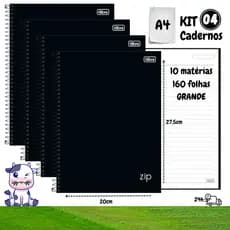 KIT 4 Cadernos Grandes 10 Matérias Universitários A4 160 Folhas Preto Espiral Capa Dura ZIP Tilibra