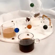 Jogo Conjunto Kit de 6 Xícaras de Vidro Borossilicato Alça Colorida Bolinha Café 100ml Transparente
