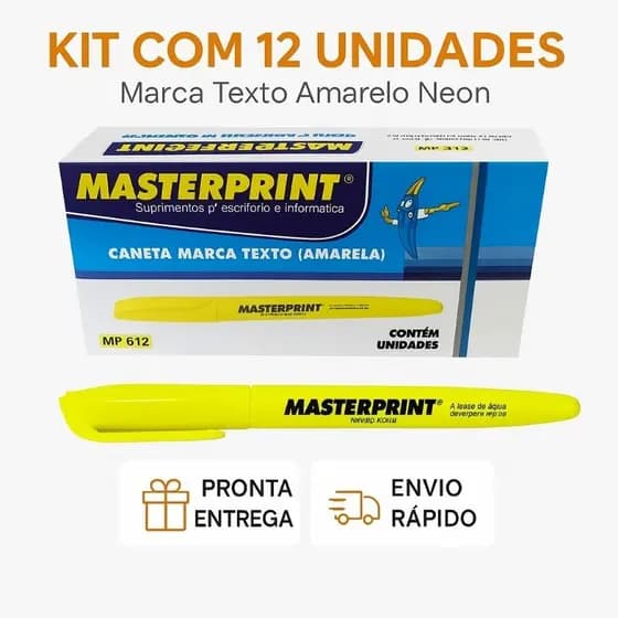 Kit 12 Marca Texto Amarelo Neon MasterPrint - Fluorescente - Estudo - Escola - Livros - Papelaria