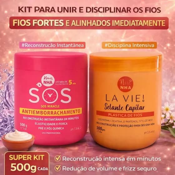 Kit 2 Reconstrução Profissional NHA – SOS Antiemborrachamento + Selante Capilar La Vie! Plástica de Fios – Força, Brilho