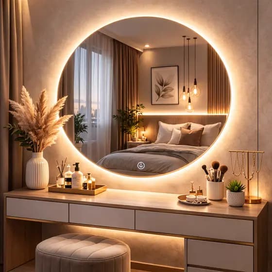 Espelho LED Redondo com Botão Touch Iluminação Decorativo para Banheiro Quarto Penteadeira Espelho