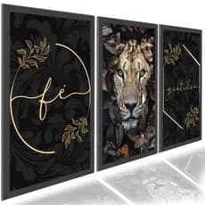 Kit Quadros Leão Leoa Luxo Judá Folhas Dourado Fé Moldura