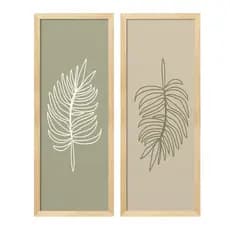 kit 2 quadros decorativos folhas  neutras branca e verde