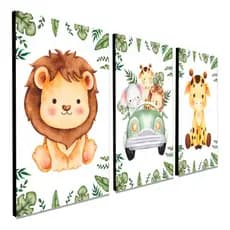 Kit 3 Quadros Safari Aquarela Infantil Quarto Criança