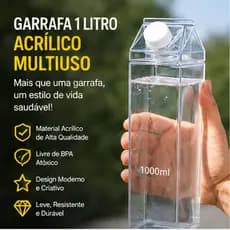 Garrafa 1 Litro acrílico multiuso transparente | estilo caixa de leite | BPA free | tampa rosqueável
