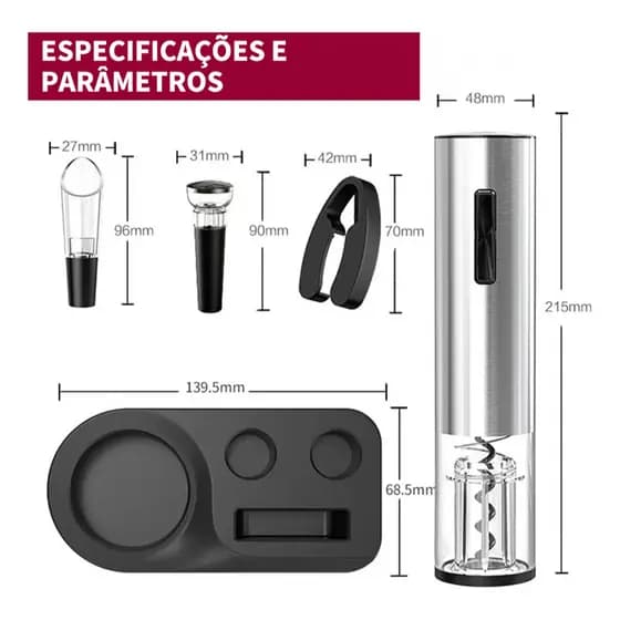 Kit Abridor De Vinho Elétrico Inox Recarregável USB C Cortador Lacre Aerador Rolhas A Vácuo Premium
