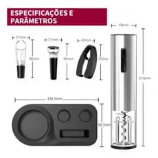 Kit Abridor De Vinho Elétrico Inox Recarregável USB C Cortador Lacre Aerador Rolhas A Vácuo Premium