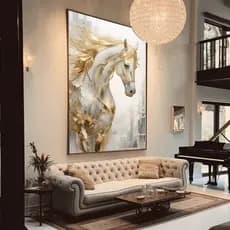 Quadro Decorativo 80x110cm Cavalo Branco Dourado Decoração de Parede Hall Luxo Sala Quarto MDF
