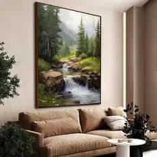 Quadro Decorativo 80x110cm Riacho Floresta Pintura Decoração de Parede Hall Luxo Sala Quarto MDF