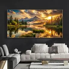 Quadro Decorativo 80x110cm Paisagem Lago Pôr Do Sol Decoração de Parede Hall Luxo Sala Quarto MDF