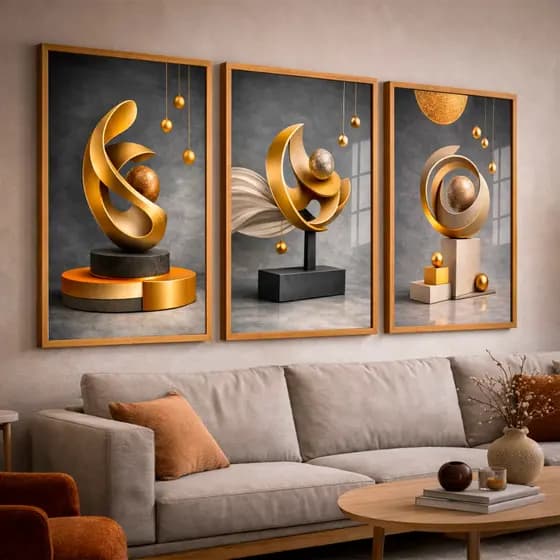Quadros Decorativos Abstrato Gold Bronze Troféu Geométrico Sala Quarto Escritório