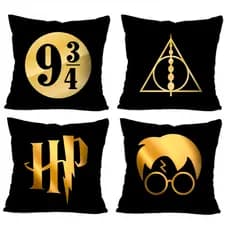 Kit 4 Capas de Almofada Harry Potter- Capa de Almofada Minimalista 40x40cm com Zíper Estampada Kit 4 Peças