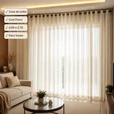Cortina Gaze De Linho 6 Metros x 2,70 Altura Com Forro Microfibra P/ Varão Sala Quarto Moderna Luxo