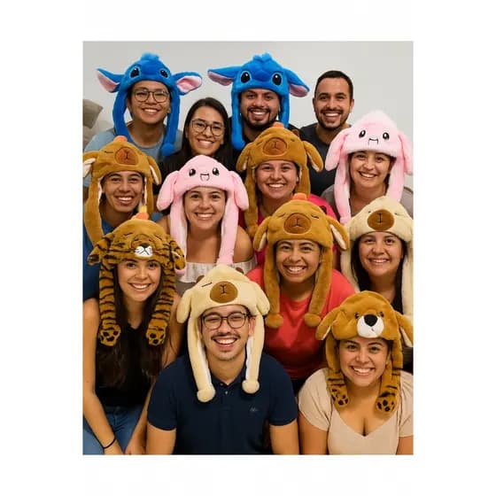 TOUCA GORRO DE PELÚCIA  LEVANTA ORELHAS /Stitch/Unicórnio/Capivara/Panda/Onça
