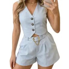 Conjunto Alfaiataria Feminino Elegante Cintura Alta com Cinto Dourado - Short + Colete Premium