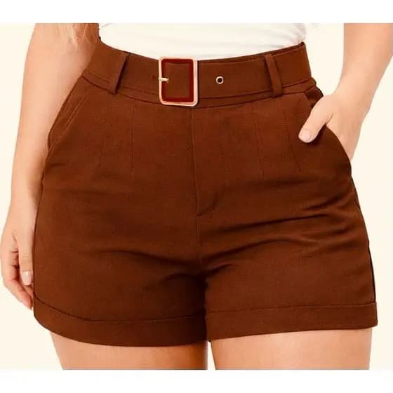 Short Alfaiataria Feminino Cintura Alta com Cinto Dourado - Elegante, Casual e Confortável