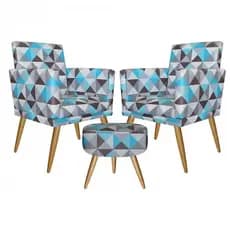 Conjunto 2 Poltronas Decorativas Nina e 1 Puff Redondo Pés Palito tecido suede