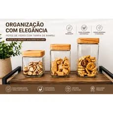 Kit 3 Potes Herméticos de Vidro Premium Tampa de Bambu, Vedação Hermética e Alta Durabilidade