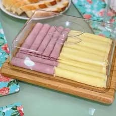 Porta Frios Bambu Tampa De Acrílico Presunto Queijo Mesa Posta
