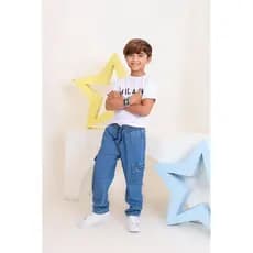 Calça Cargo azul infantil juvenil confortável bolsos laterais com regulador