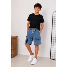 Short Jeans Cargo Infantil Masculino Com Bolsos Zíper Black Marmorizado para meninos do 2 ao 16 anos streetwear skatista