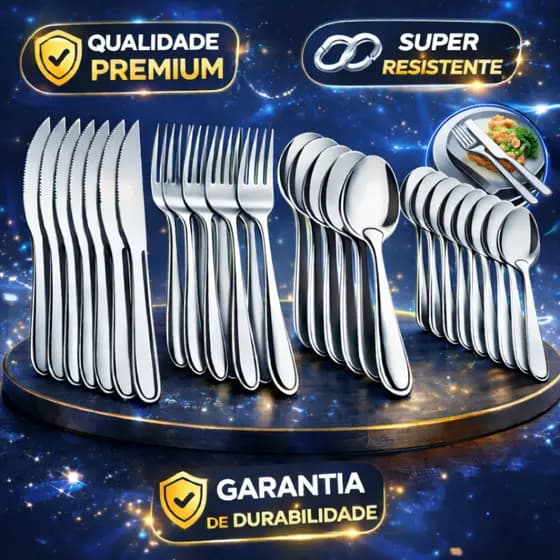 Jogo de Talheres 24/48 Peças Faqueiro Aço Inox Faca Garfo Colher de Mesa e Colheres de Sobremesa